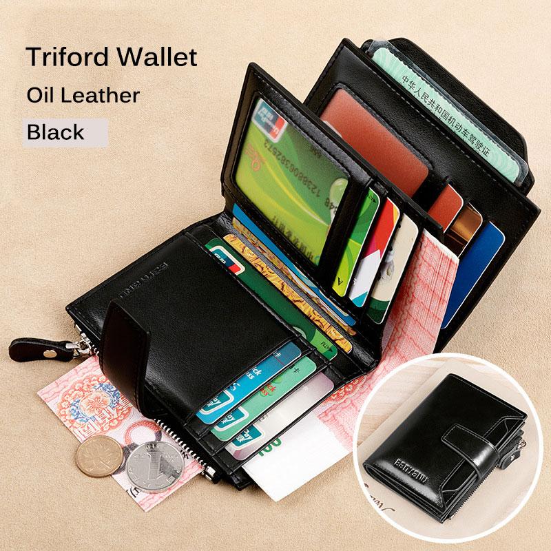 Leather Fashion Bags Heren lederen RFID-blokkerende driebladige portemonnee, korte vintage multifunctionele creditcardhouder, muntvak met ritssluiting zwart