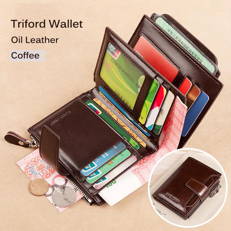 Leather Fashion Bags Heren lederen RFID-blokkerende driebladige portemonnee, korte vintage multifunctionele creditcardhouder, muntvak met ritssluiting koffie