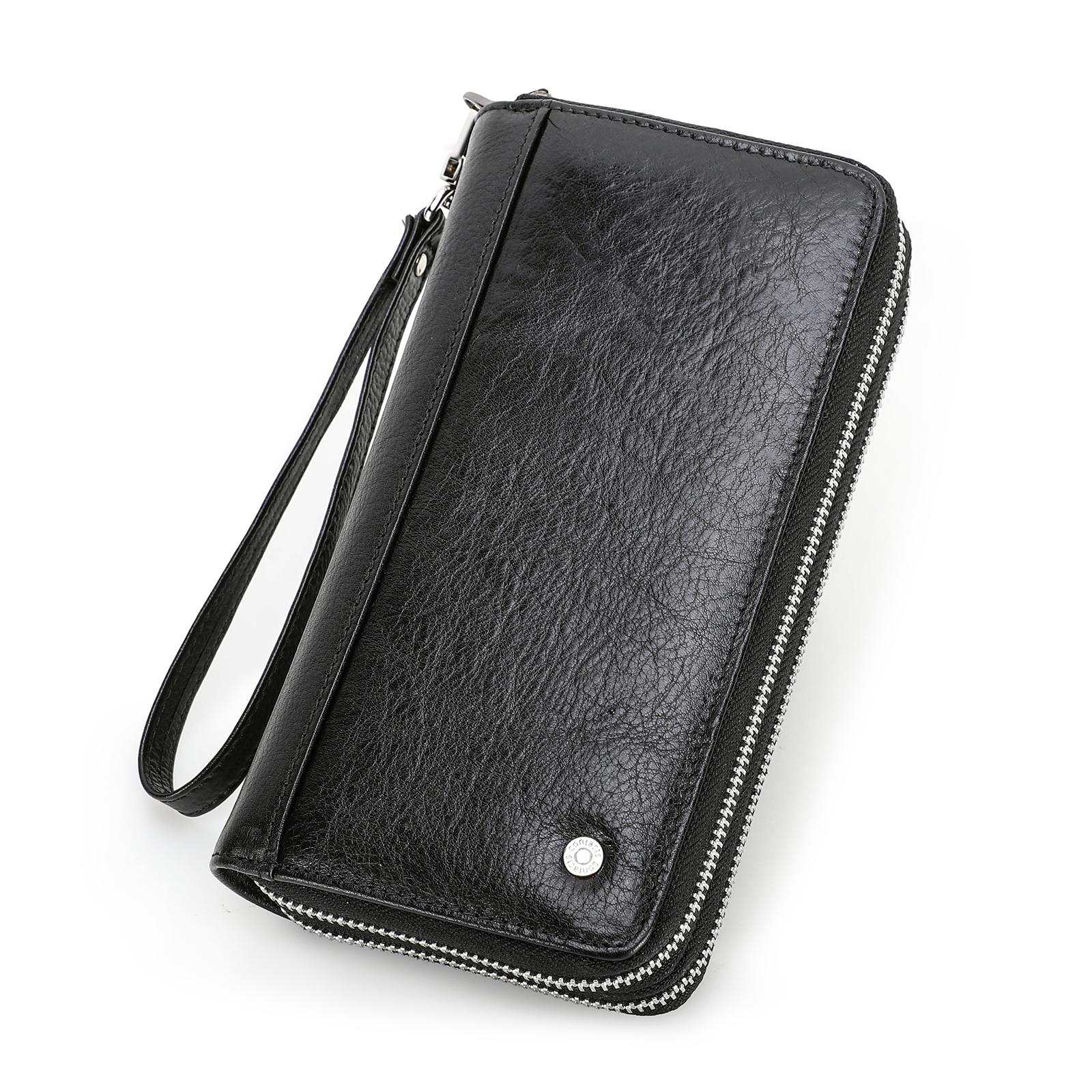 CONTACTS CONTACT'S Echt leren herenportemonnee Clutch Rits Kaarthouder Herenportemonnees Cover Vintage Lange portemonnees Met Handriem Designer zwart