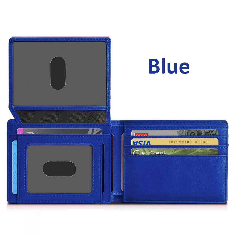 Leather Fashion Bags Herenportefeuilles Slanke tweevoudige RFID-blokkeerbescherming Dunne korte multifunctionele portemonnee met 2 ID-venstergeldclips blauw