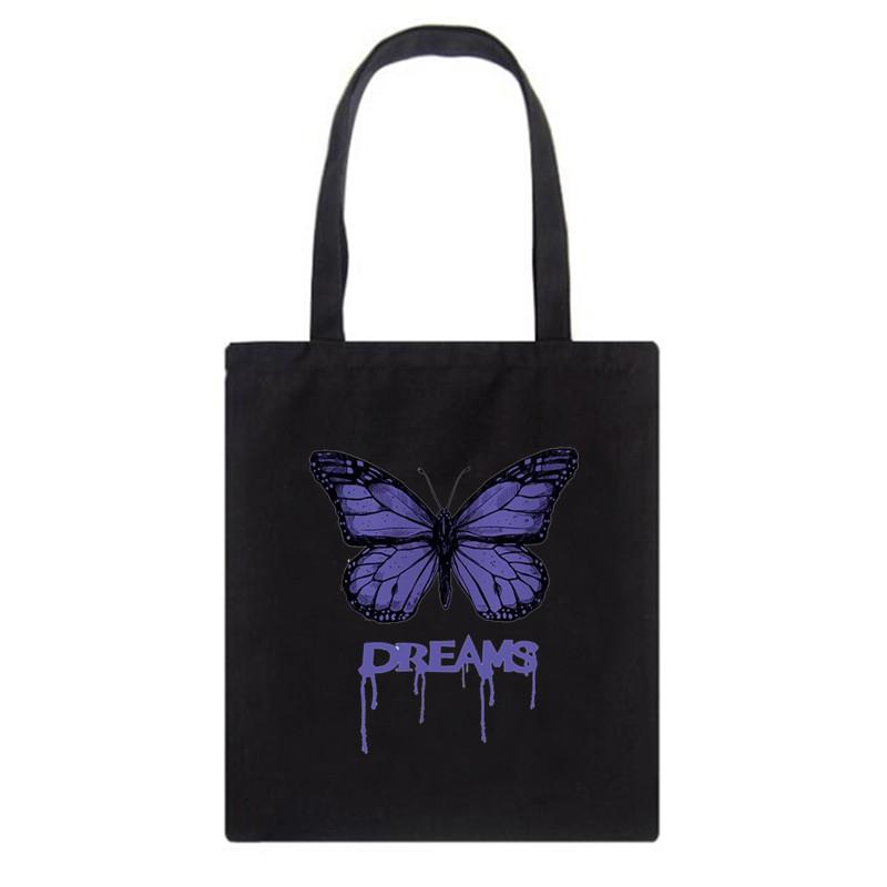 Aidegou2 Vlinder Punk Zwart Canvas Vrouwen Boodschappentassen Meisje Schouder Doek Zakken Herbruikbare Shopper Leraar Student Boekentassen 24*26cm