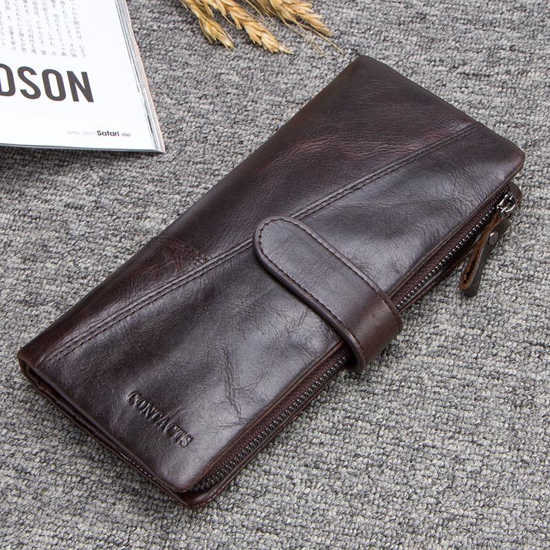 CONTACTS CONTACT'S Echt leer heren lange portemonnee Telefoontas Rits Broekzak Portemonnee Mannelijke clutch portemonnee koffie