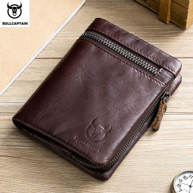BULLCAPTAIN Korte Tri-Fold Gesp Rits Portemonnee Heren Koeienleren Portemonnee Muntenbeurs Geldzak Visitekaartjeshouder RFID-houder