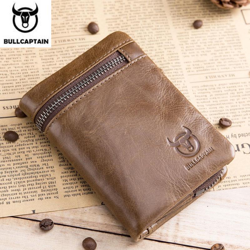 BULLCAPTAIN Korte Tri-Fold Gesp Rits Portemonnee Heren Koeienleren Portemonnee Muntenbeurs Geldzak Visitekaartjeshouder RFID-houder bruin