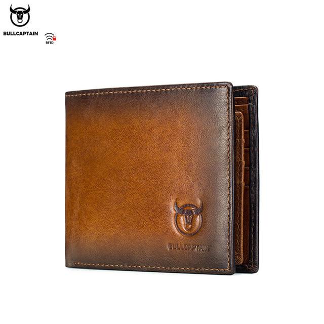 BULLCAPTAIN RFID-afschermende herenportemonnee van echt leer, dubbele vouw, slanke portemonnee, multi-card-kaartpakket, ID-tas bruin