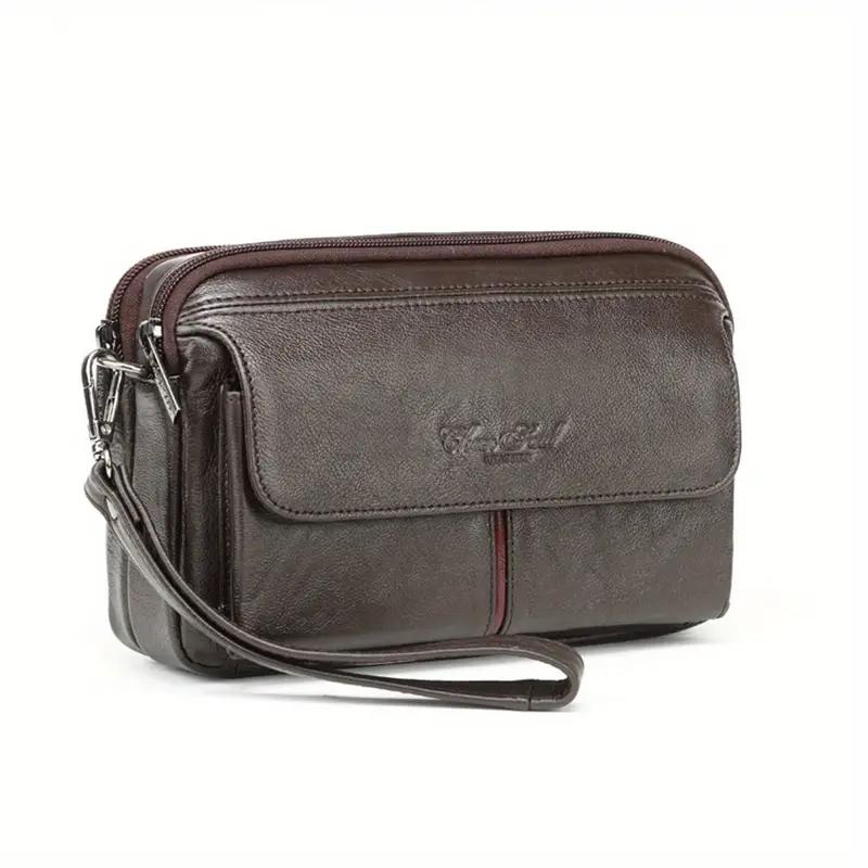 LSZ Echt leren clutch portemonnee voor heren, polsbandje, multifunctionele handtas enveloptas koffie