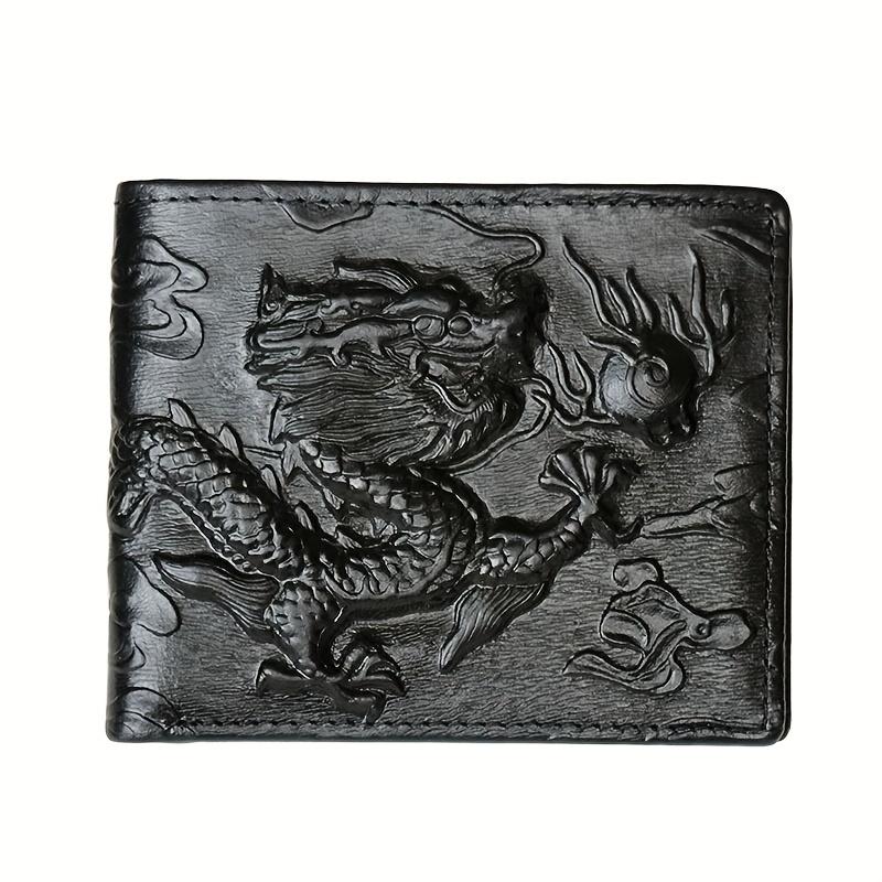 Bison Denim Vintage herenportemonnee van echt leer, 3D-geprinte tijgerdraakportemonnee met kaarthouder dragon zwart