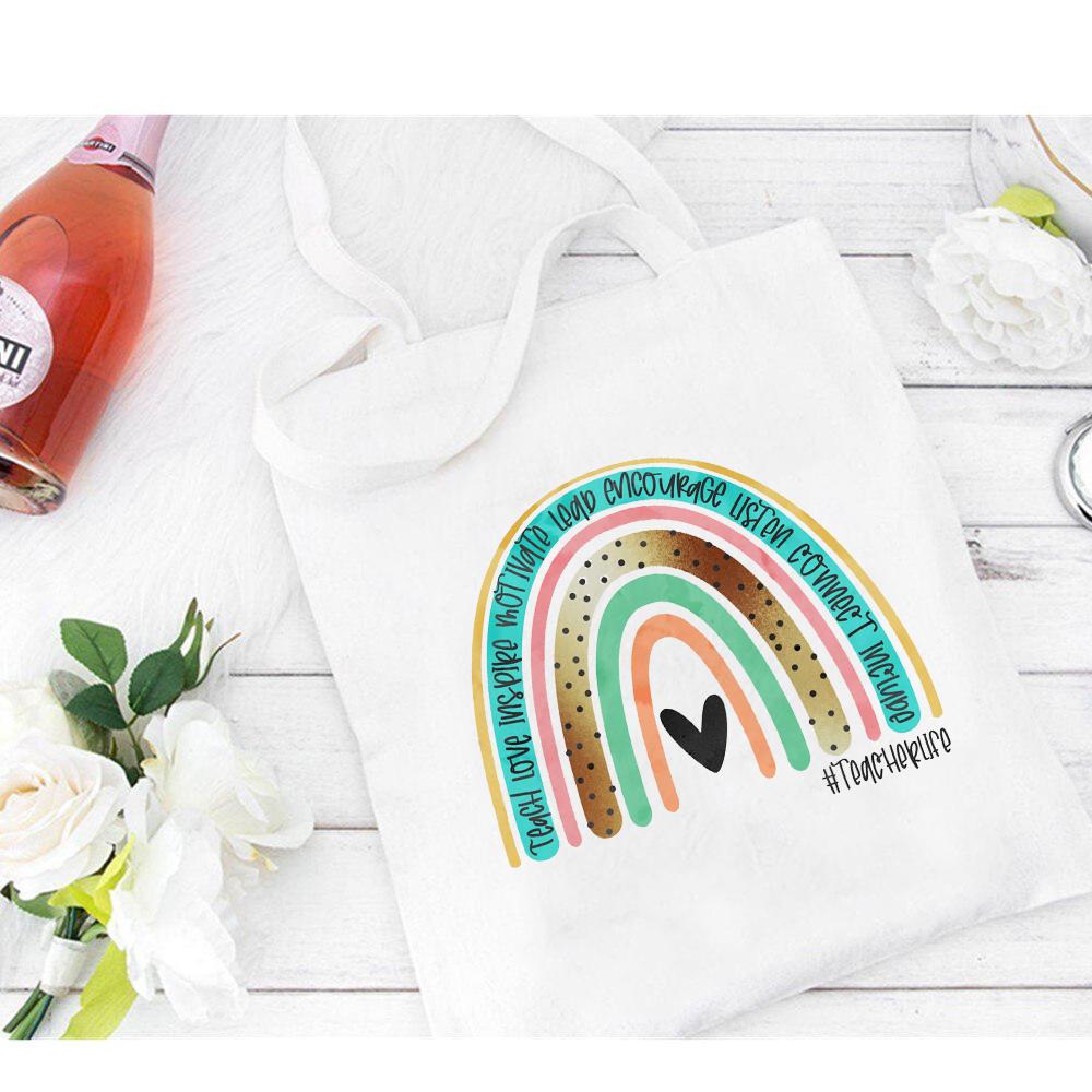 Jiangkao Leraar Regenboog Luipaard Print Canvas Boodschappentas Cadeau voor Leraren Mode Vrouwen Schoudertassen