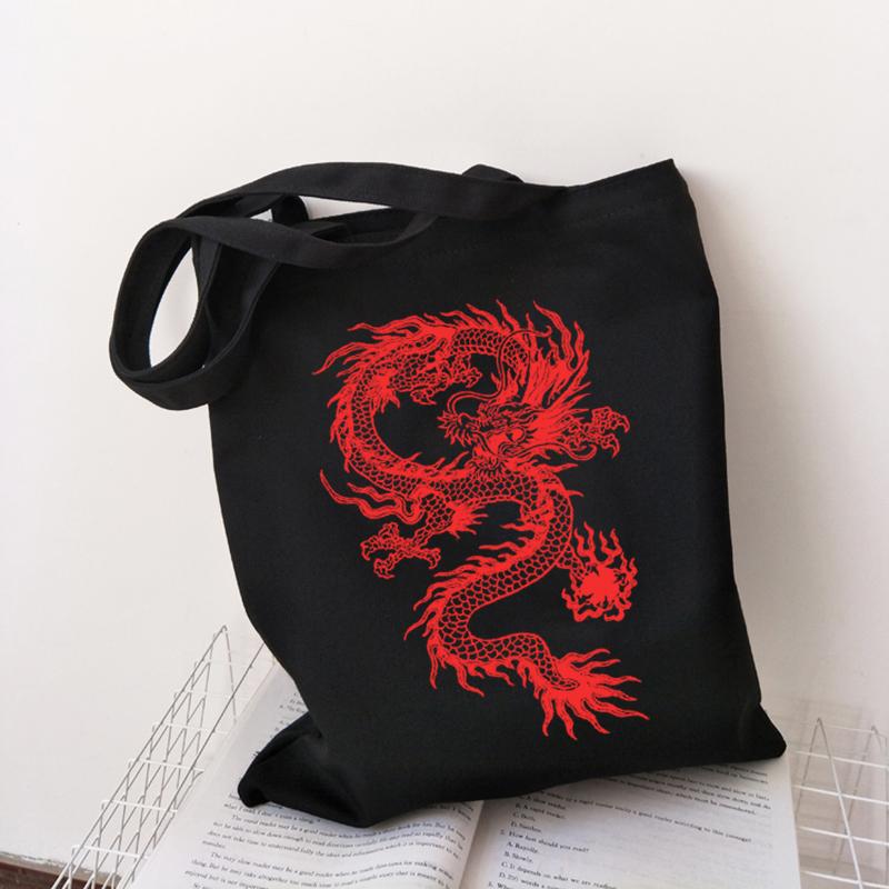 Aidegou19 Vrouwen Tas Draak Print Canvas Tas Shopper Bag Harajuku Y2k Grote Capaciteit Punk Gothic casual Cartoon Vrouwen Schoudertassen Handtas 29*32cm