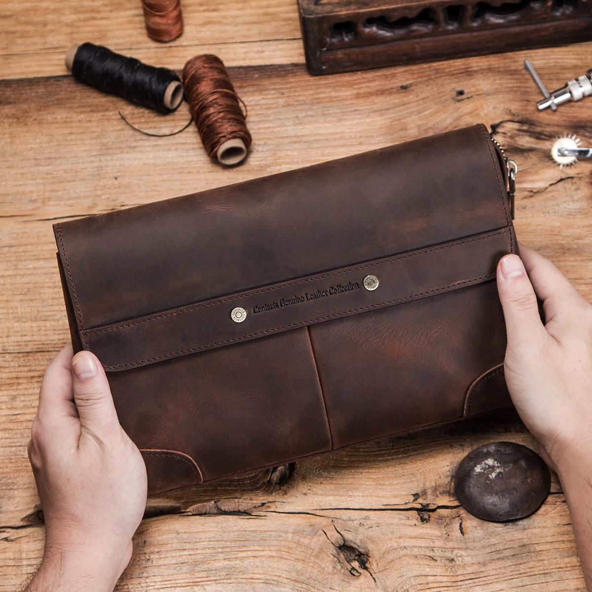 CONTACTS CONTACT'S Heren Clutch Bags Crazy Horse Leren Lange Portemonnee Heren Grote Capaciteit Handtas Heren Portemonnee Met Telefoonvak koffie