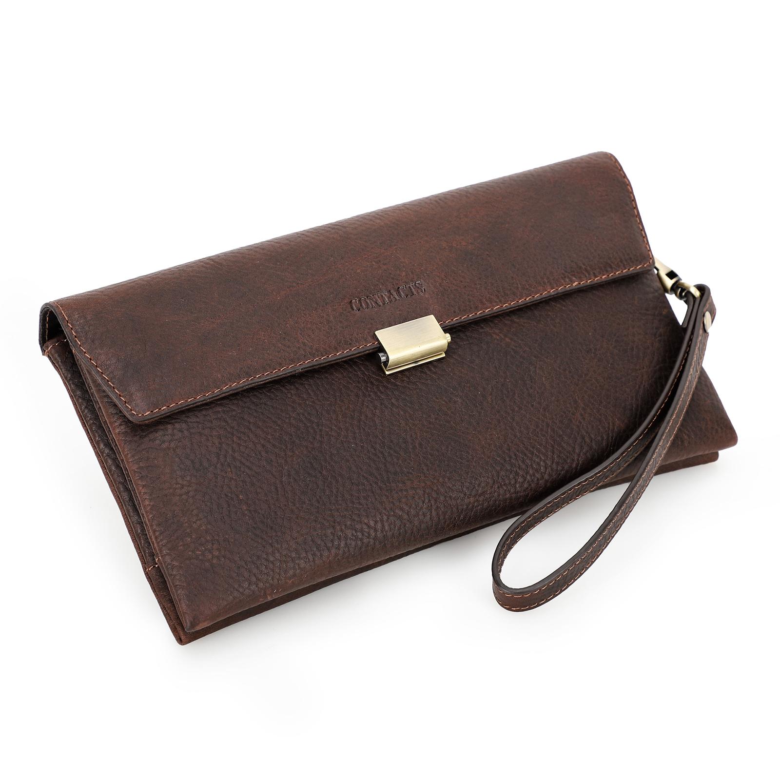 CONTACTS CONTACT'S Echt leren heren clutch tas RFID mannelijke polsbandjes portemonnee tas grote capaciteit telefoonvak lange portemonnee creditcardhouder koffie