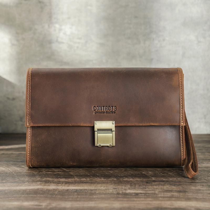 CONTACTS CONTACT'S Heren Clutch Portefeuilles Echt lederen clutchtassen Wachtwoordslot Ontwerp Polsband Herentassen Handtassen voor 8,3 inch Pad koffie
