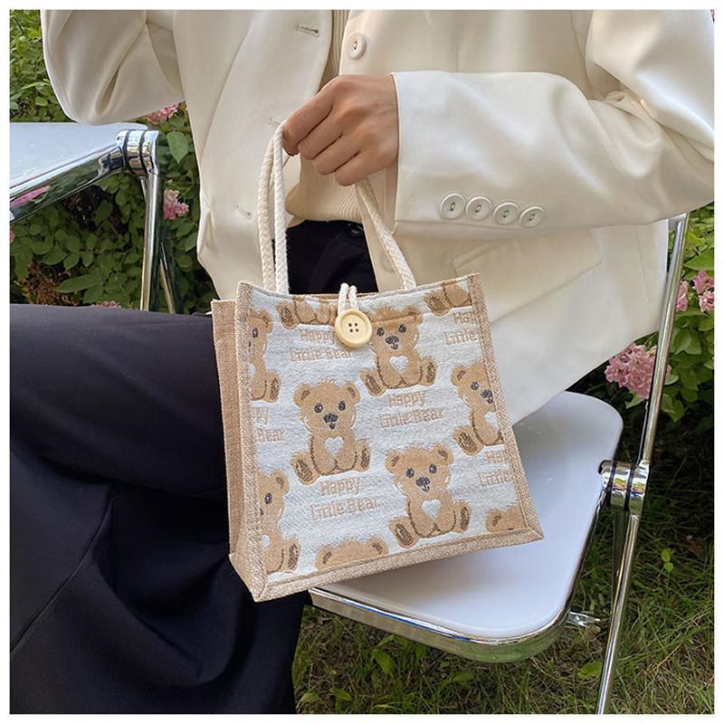 FashionBag1993 Japanse beer patroon bedrukt linnen studententas kleine schoudertas schoudertas boodschappentas beige