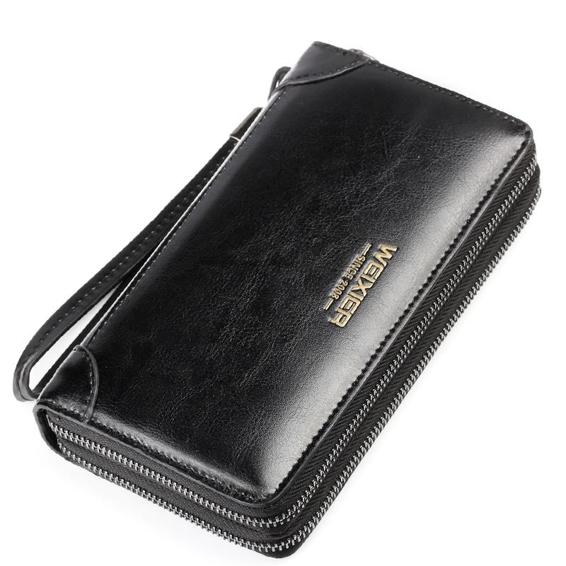 WEIXIER Heren Portefeuilles Leren herentassen Clutch Bags Koffer Portemonnee Leren lange portemonnee met broekzak Rits Heren portemonnee zwart