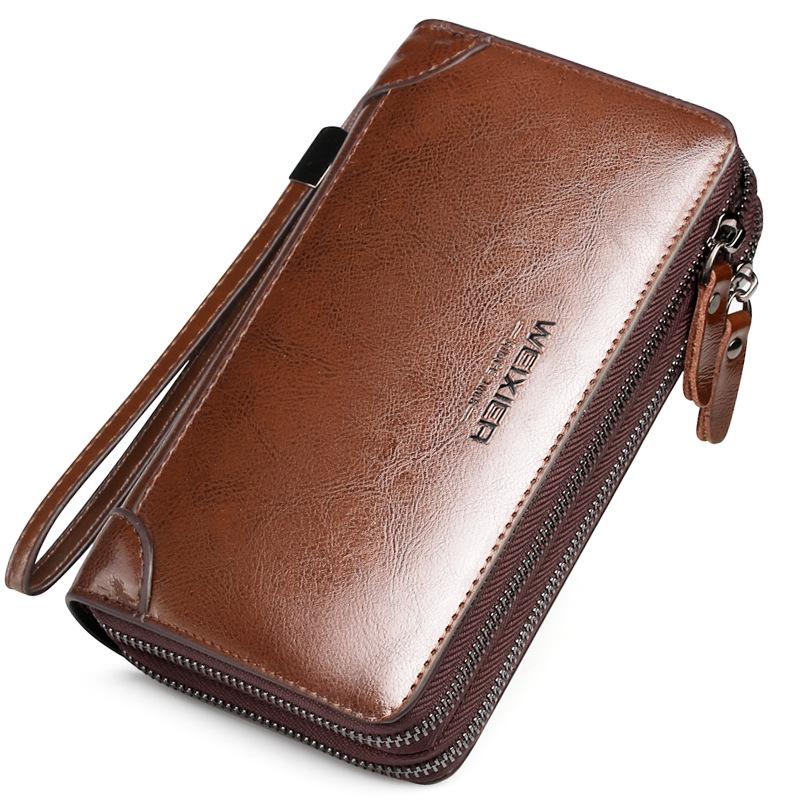 WEIXIER Heren Portefeuilles Leren herentassen Clutch Bags Koffer Portemonnee Leren lange portemonnee met broekzak Rits Heren portemonnee bruin