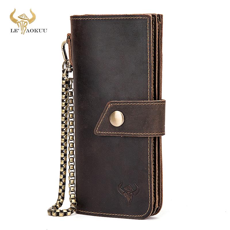 Leather Products Mannelijke topkwaliteit leer mode chequeboek visitekaartje houder keten organisator lange heren portemonnee portemonnee ontwerp clutch bruin