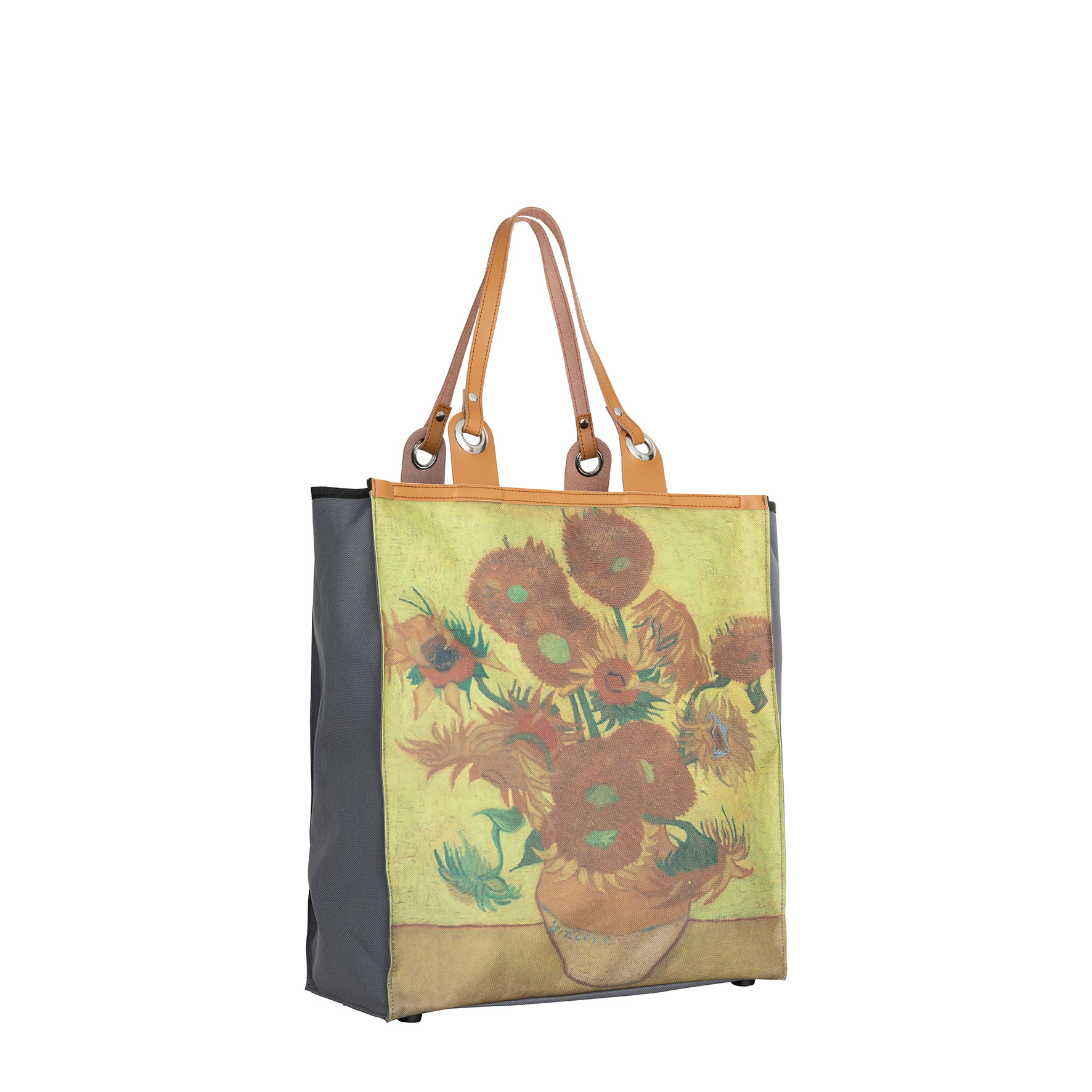 New Rebels Boodschappentas 'Sunflowers' - Stevige Nylon Shopper met Leren Hengsels - Van Gogh Print - 39x43 cm