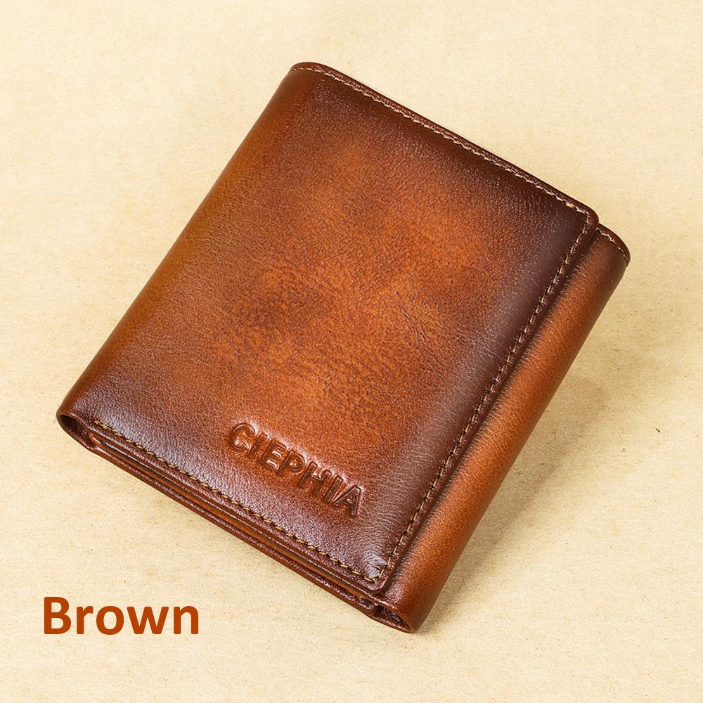 Leather Fashion Bags Heren portemonnee van echt leer, gevouwen ID-vensters, RFID-blokkering, vintage multifunctionele ID, creditcard, geldzakken L bruin