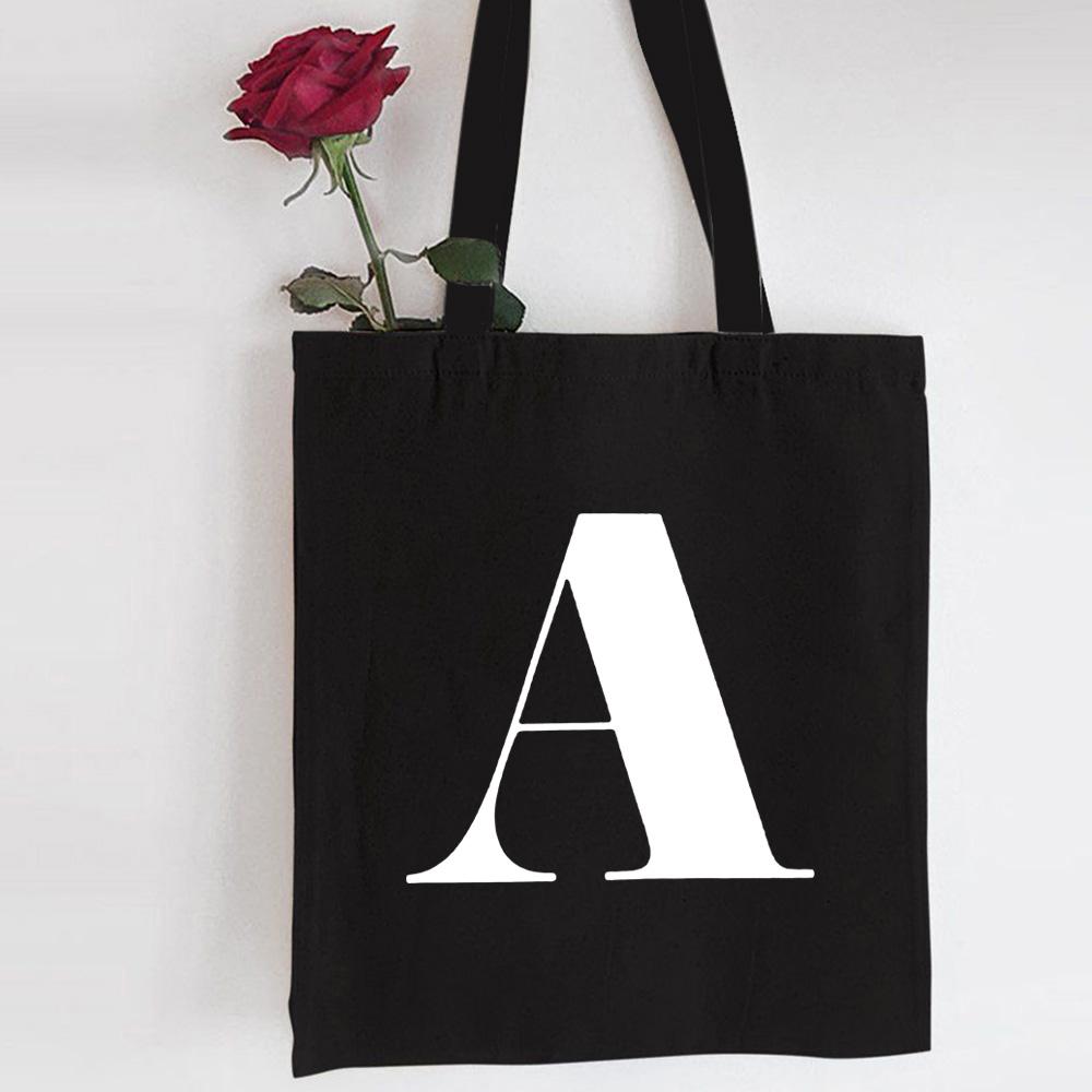 Jiangkao Engels alfabet letter boodschappentas gepersonaliseerde tote canvas zwarte tas Harajuku hoge capaciteit dames handtas herbruikbare shopper