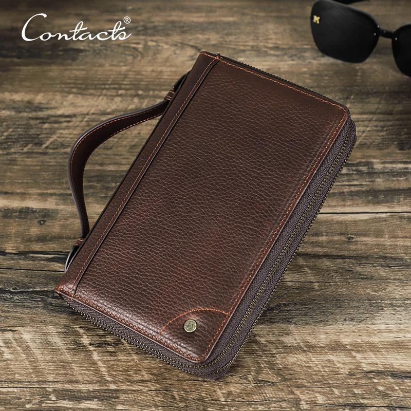 CONTACTS CONTACT'S Mannen Echt Lederen Clutch Portefeuilles Retro Lange Rits Clutch Tassen Telefoonzakje Kaarthouders Paspoort Cover Mannelijke Portefeuilles koffie