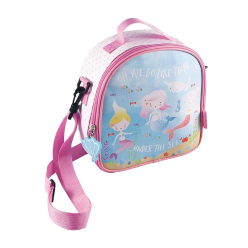 Floss & Rock Kleine koeltas voor lunch - wit/roze - met zeemeerminnen print - 9 x 22 x 22 cm - 4 liter -