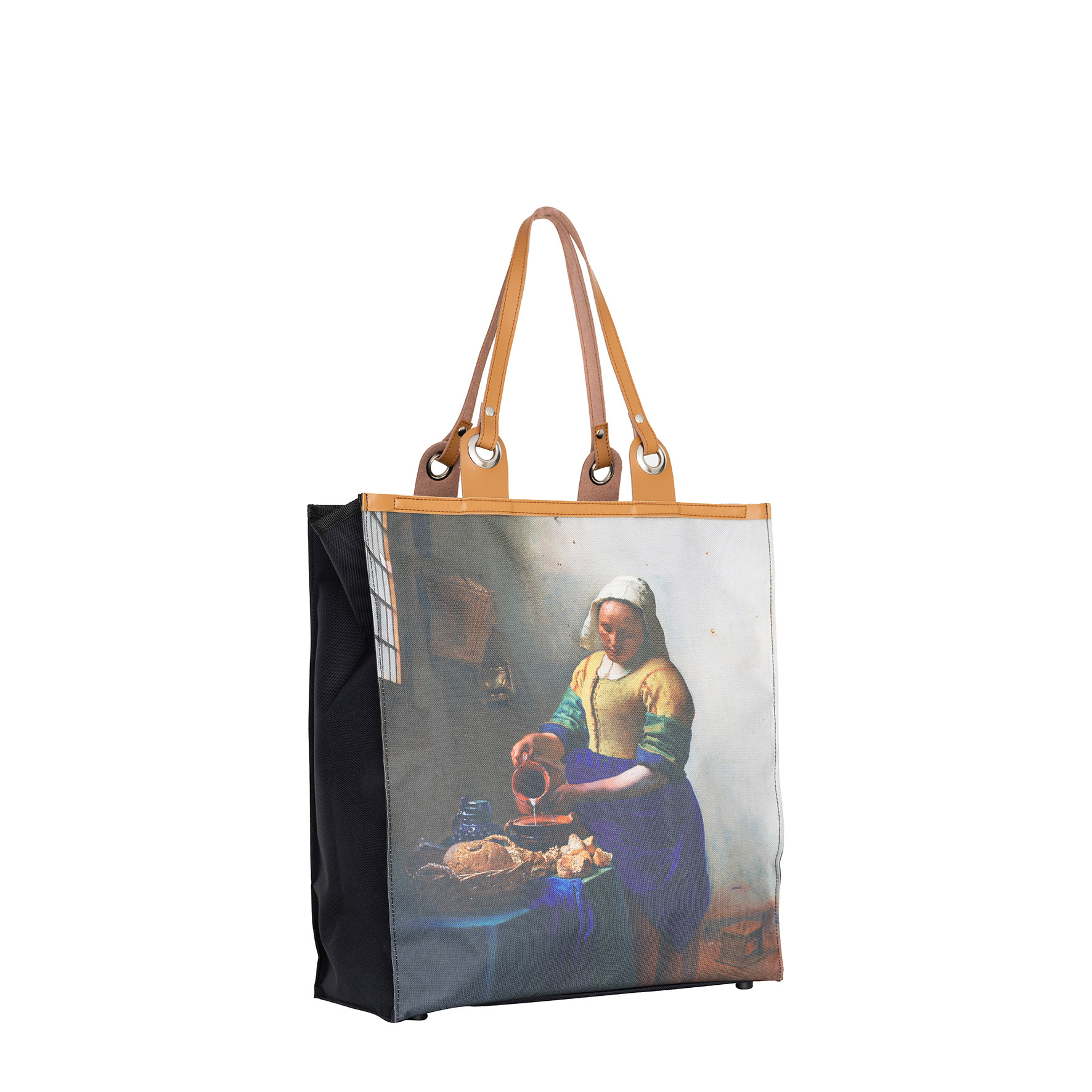 Piace Molto Arts Melkmeisje Shopper - Nylon Boodschappentas met Print - 39x18x43 cm - Leren Handvat - Stevig & Ruim - 100% Nylon
