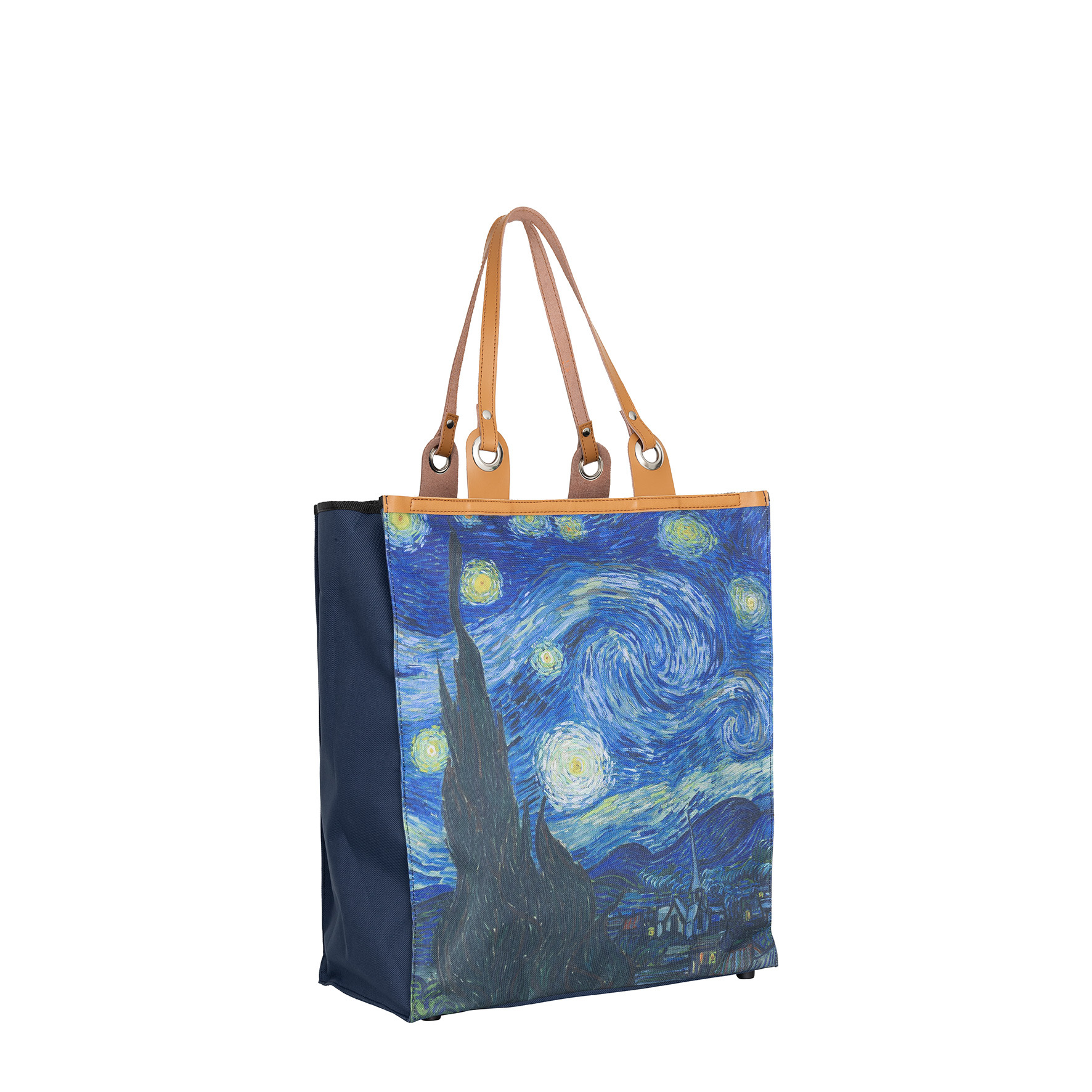 Piace Molto Boodschappentas 'Starry Night ' - Stevige Nylon Shopper met Leren Hengsels - Van Gogh Print - 39x43 cm