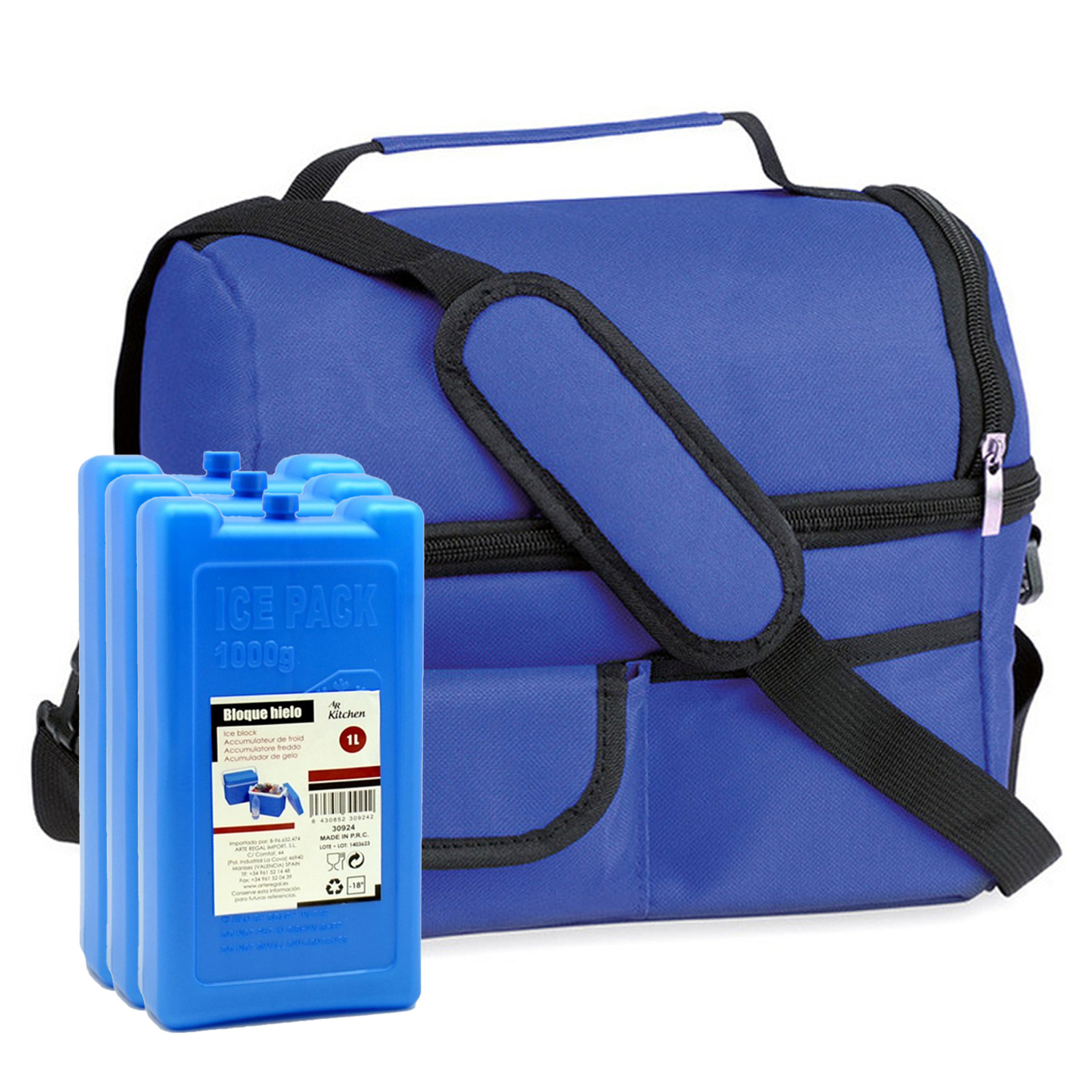 Merkloos Koeltas blauw met schouderriem - 25 x 24 x 15 cm - met 3x stuks koelelementen -
