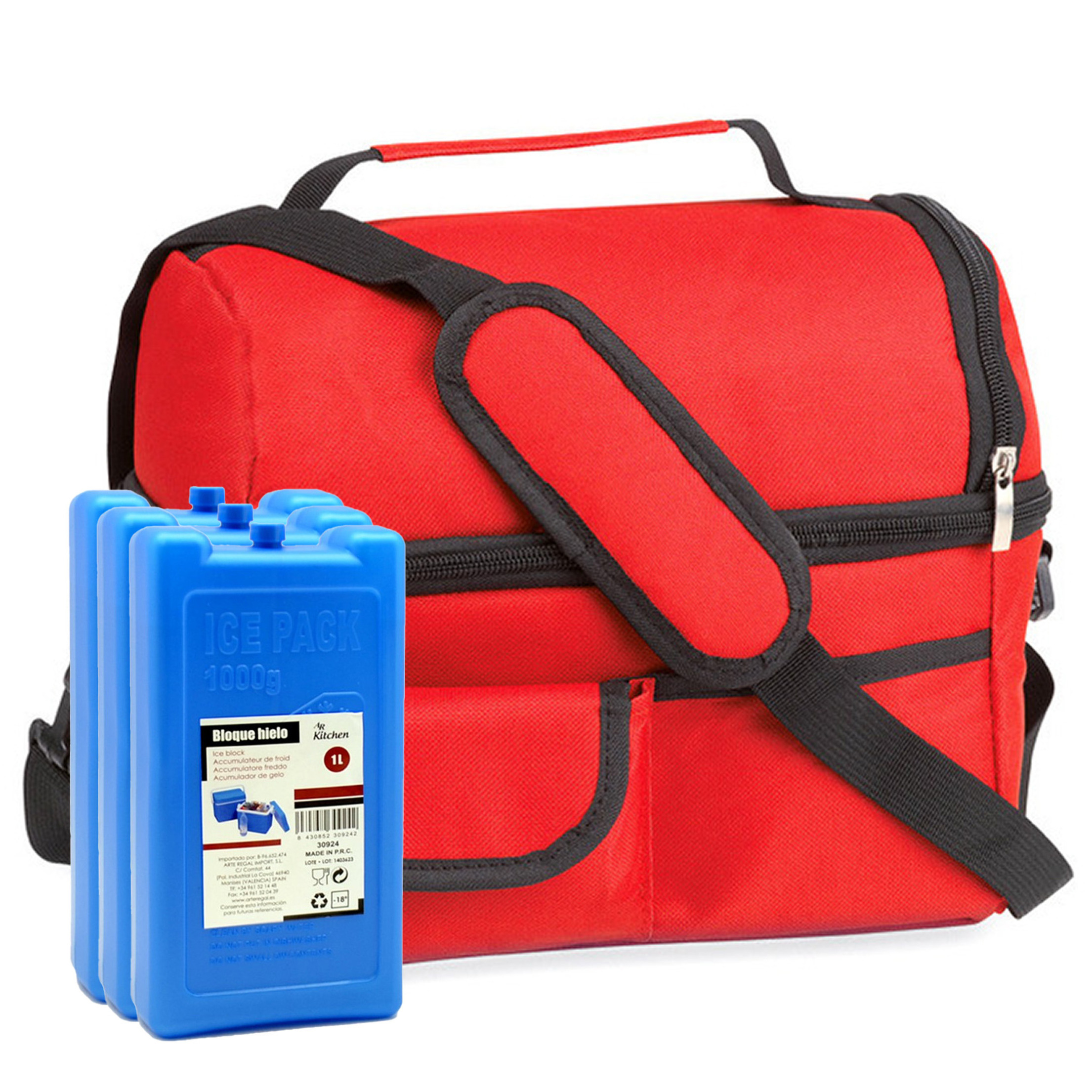 Merkloos Koeltas rood met schouderriem - 25 x 24 x 15 cm - met 3x stuks koelelementen -