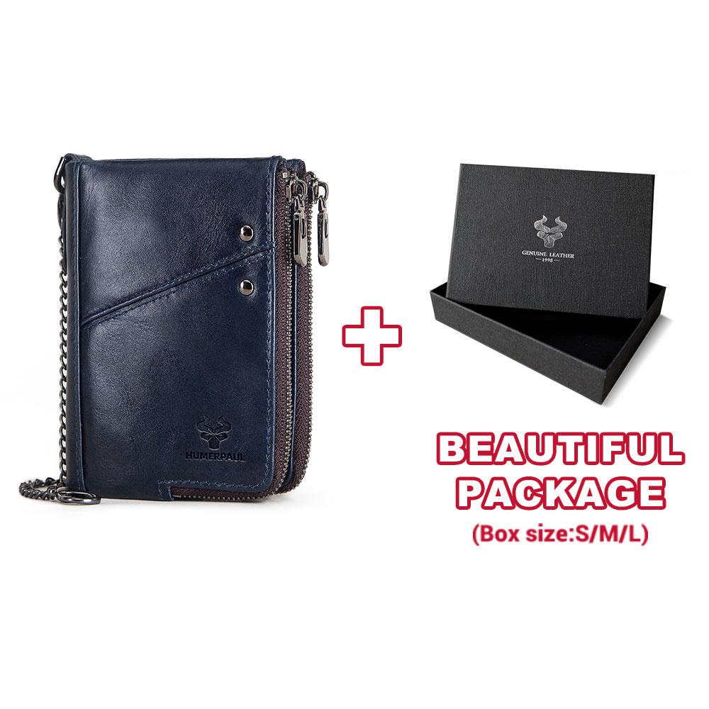 Humerpaul Echt leer RFID-blokkerende dubbele rits Herenportemonnee Bifold Slanke horizontale portemonnee