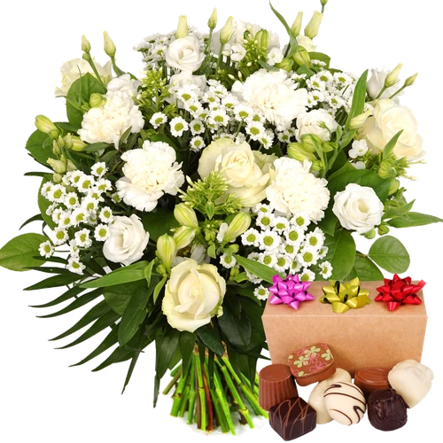 Boeketcadeau Boeket witte bloemen + 300 gram bonbons