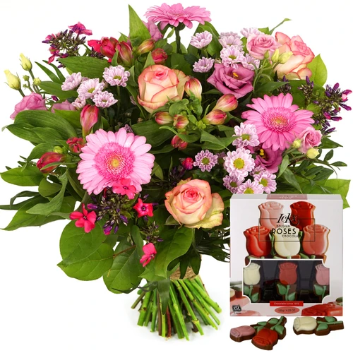 Boeketcadeau Boeket bloemen + rozen chocolade