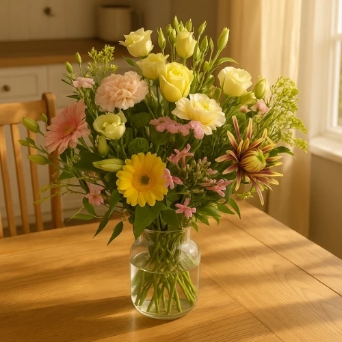 Boeketcadeau Springerig boeket roze geel wit