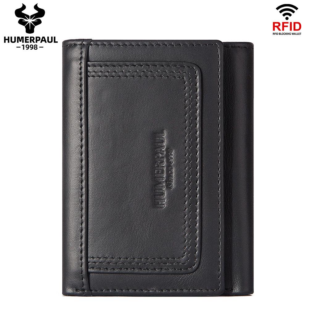 Humerpaul Echt leren herenportemonnee RFID-blokkerende mini-clutchkaarthouders Luxe drievoudige korte geldzak met rits portemonnee zwart