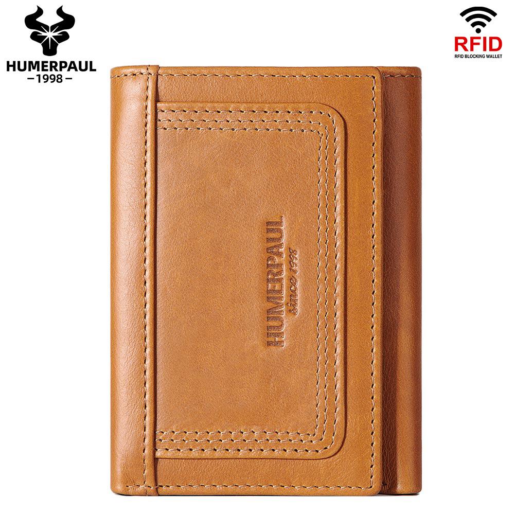 Humerpaul Echt leren herenportemonnee RFID-blokkerende mini-clutchkaarthouders Luxe drievoudige korte geldzak met rits portemonnee