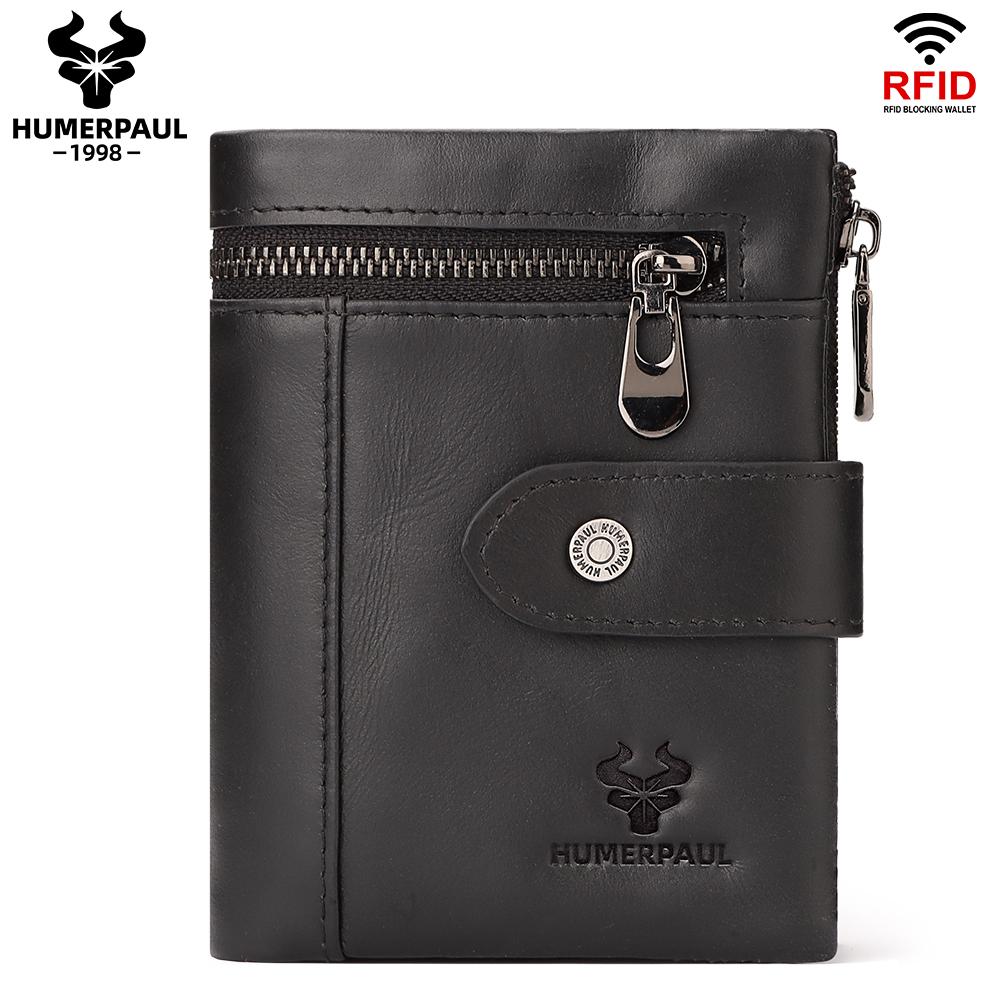 Humerpaul Echt leren herenportemonnee RFID-multikaartmuntenportemonnee zwart