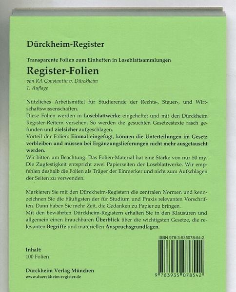 Dürckheim Verlag 110 DürckheimRegister-FOLIEN zum Einheften in Gesetzessammlungen