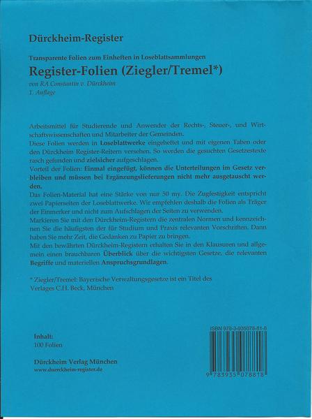 Dürckheim Verlag DürckheimRegister-FOLIEN ZIEGLER/TREMEL Gesetze des Freistaates Bayern