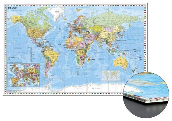 Heinrich Stiefel Weltkarte mit Ausschnitt Zentraleuropa zum Pinnen auf Wabenplatte