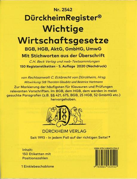 Thorsten Glaubitz, Beatrice Hartmann DürckheimRegister WICHTIGE WIRTSCHAFTSGESETZE (BGB, HGB, GmbHG, AktG, UmwG) (2019/2020) mit Stichworten