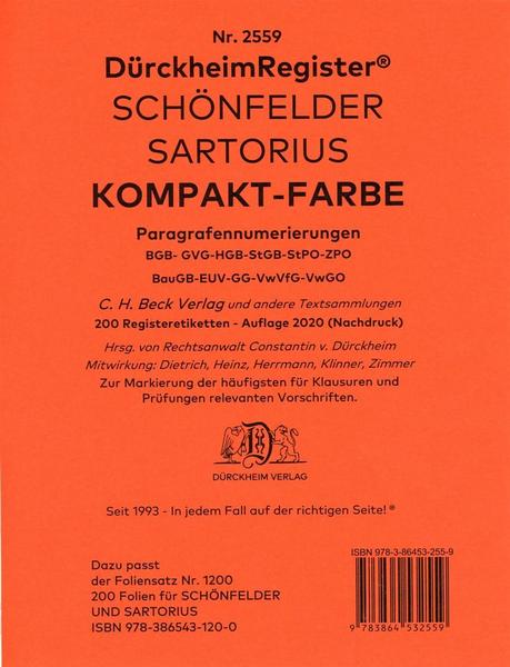Dürckheim Verlag DürckheimRegister SCHÖNFELDER + SARTORIUS KOMPAKT (2020) Gesetze und §§