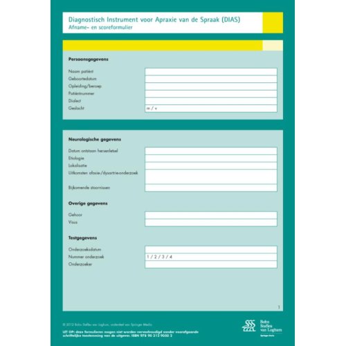 Bsl Media & Learning Diagnostisch Instrument Voor Apraxie Van De Spraak (Dias ) - Scoreformulieren - J. Feiken