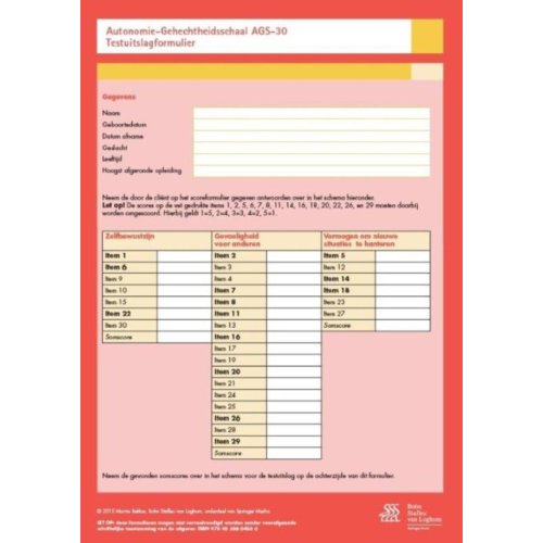 Bsl Media & Learning Autonomie-Gehechtheidsschaal (Ags 30) - Scoreformulieren - M.H.J. Bekker