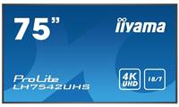Iiyama iiyama PROLITE LH7542UHS-B3. Beeldschermdiagonaal: 189,2 cm (74.5"), Beeldscherm type: IPS, Resolutie: 3840 x 2160 Pixels. Compatibele geheugenkaarten: MicroSD (TransFlash). Gemiddeld vermo