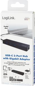 LOGILINK USB 3.1 HUB 3-port Typee-C w/Gigabit LAN zwart