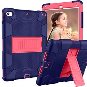 huismerk Schokbestendige tweekleurige siliconen beschermhuls voor iPad mini 2019 & 4 met houder (marineblauw + Rose rood)