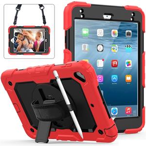 huismerk Schokbestendige kleurrijke silicagel + PC beschermende case voor iPad mini 2019/Mini 4 met houder & schouderband & hand riem & pen sleuf (rood)