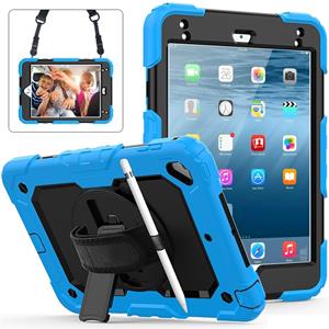 huismerk Schokbestendige kleurrijke silicagel + PC beschermende case voor iPad mini 2019/Mini 4 met houder & schouderband & hand riem & pen sleuf (baby blauw)