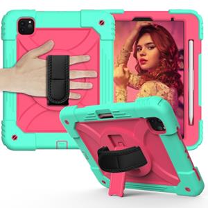 huismerk Voor iPad Pro 11 (2020) Shockproof PC + Siliconen Combinatiecase met Holder & Handband & Schouderband (MintGroen + Rose Red)