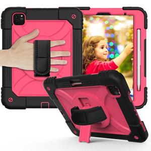 huismerk Voor iPad Pro 11 (2020) Shockproof PC + Siliconen Combinatiecase met Holder & HandBand & Schouderband (Zwart + Rose Red)